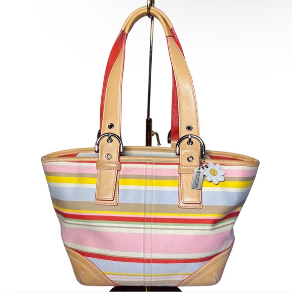 Vintage 2004 Coach Hamptons Daisy Multicolor Striped Handbag Cotton Leather Y2K - Picture 1 of 16